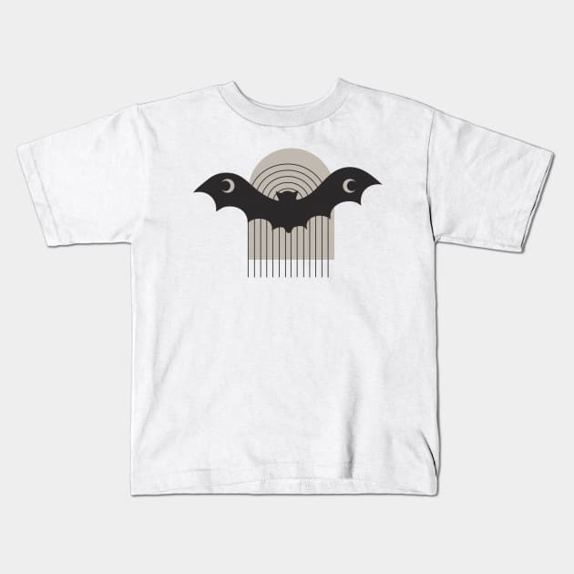 Watercolor Black Bat Crescent Moon Wings Flies across a Taupe Boho Arch Kids T-Shirt by penandbea